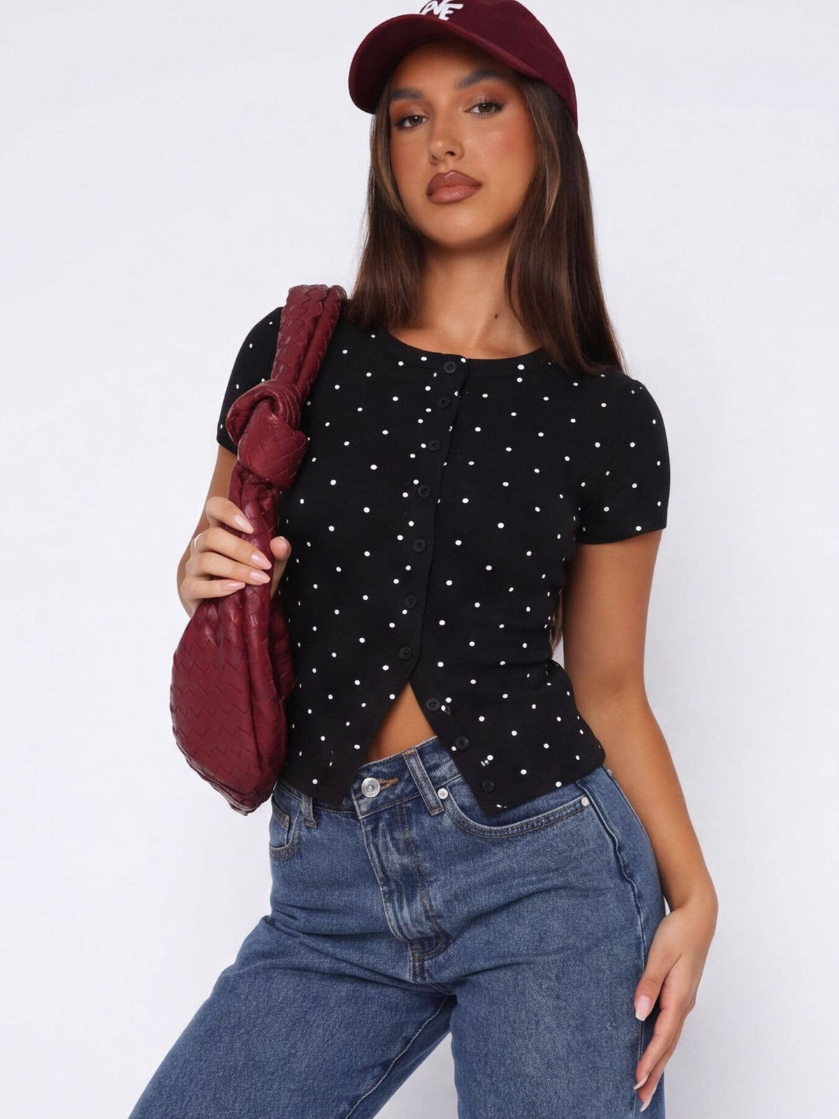Ribbed Polka Dot Fitted Short Sleeve T-Shirt: Red