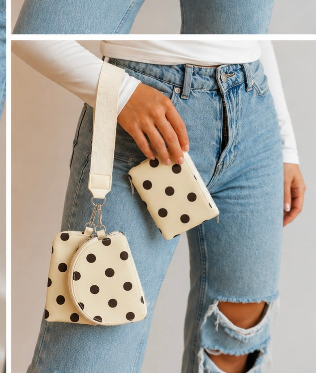 Cream Polka Dot Dual Pouch Wristlet