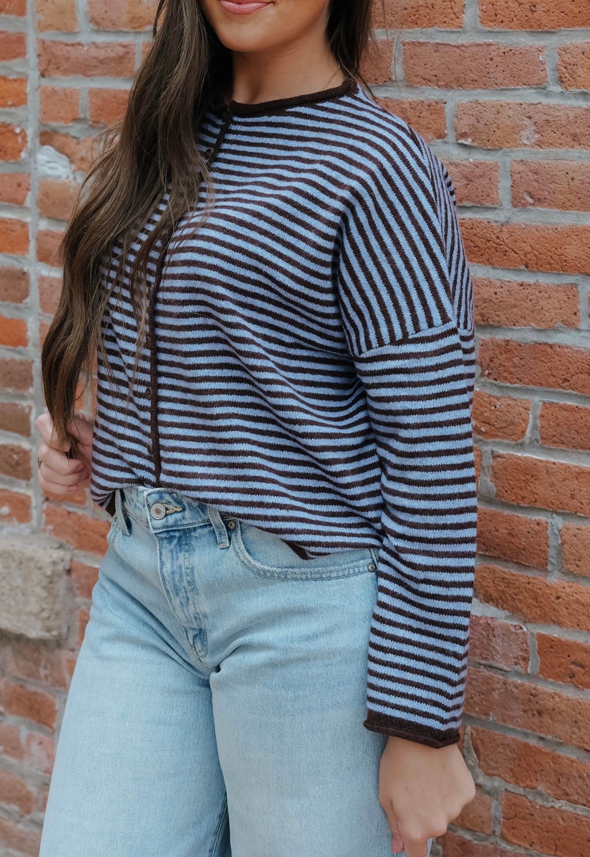 Stripe Raw Edge Drop Shoulder Knit Cardigan Brown/Blue