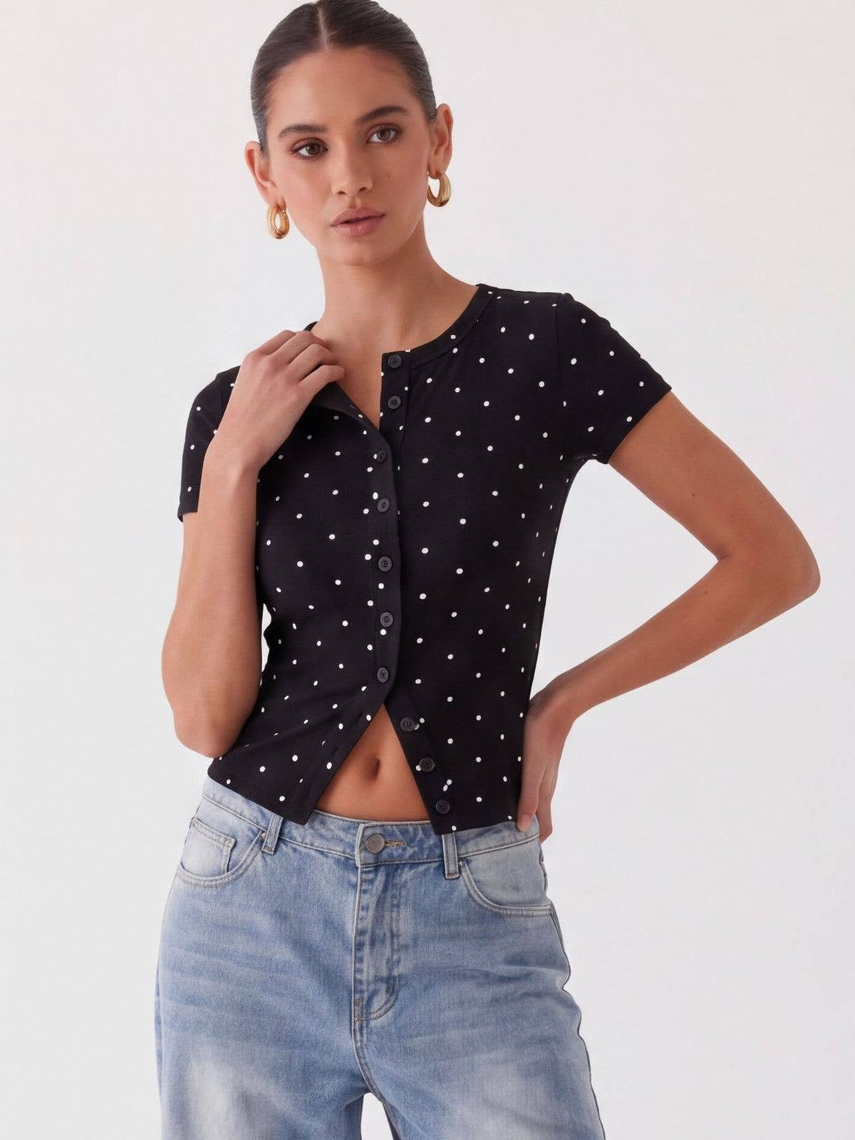 Ribbed Polka Dot Fitted Short Sleeve T-Shirt: White