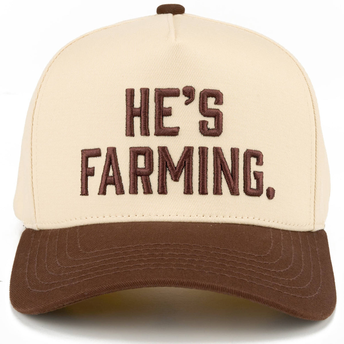 C.C HE'S FARMING Letter Embroidered Two Tone Trucker Hat: Brown
