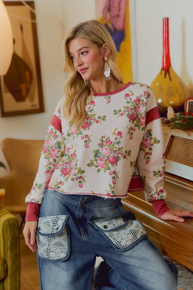 FLORAL BRUSHED TERRY OPEN BACK LONG SLEEVE