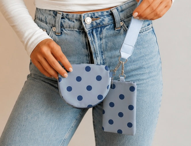 Blue Polka Dot Dual Pouch Wristlet