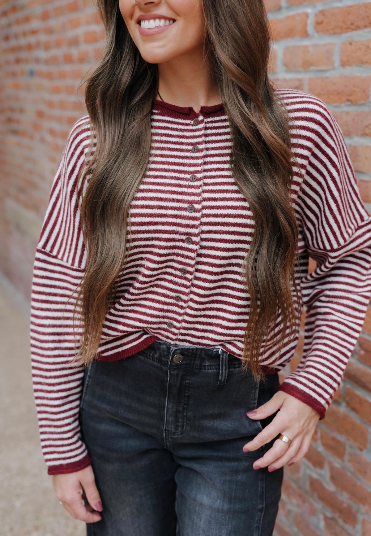 Stripe Raw Edge Drop Shoulder Knit Cardigan Maroon