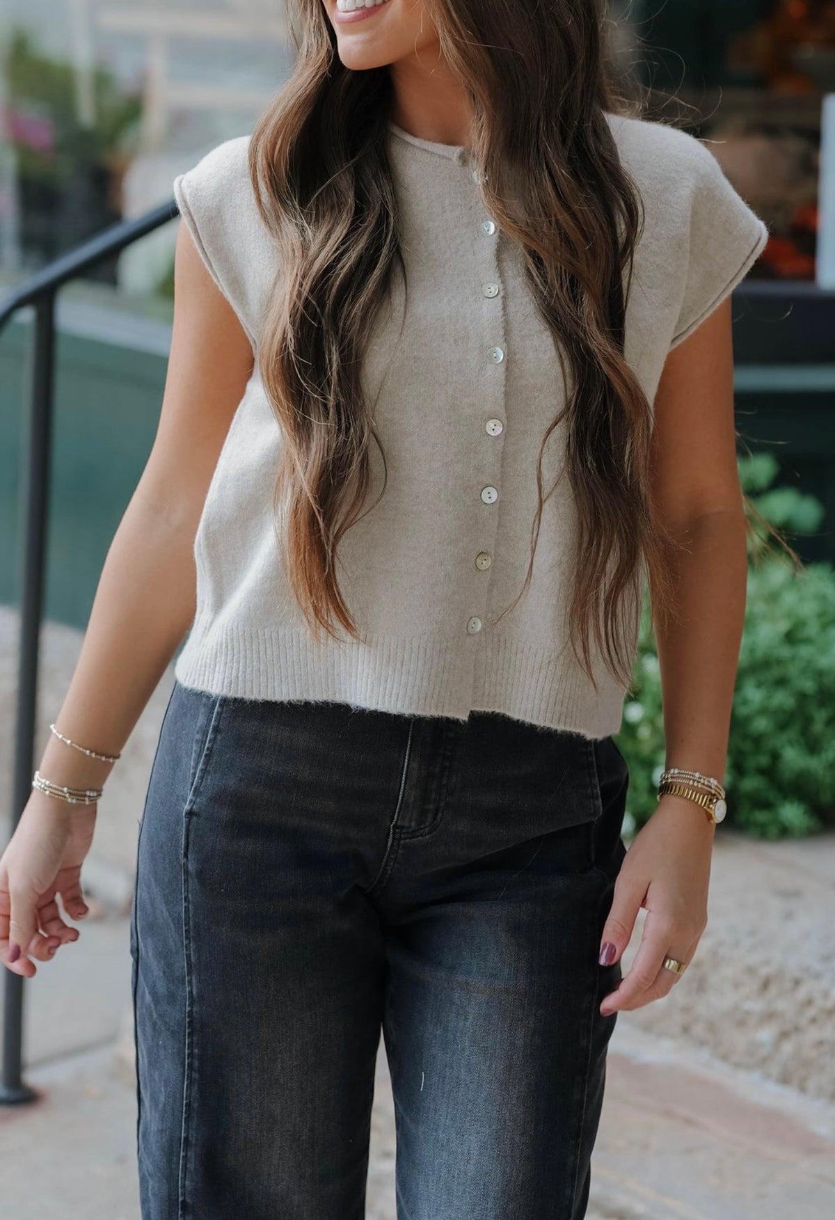 Taupe Rolled Edge Button Front Sweater Vest