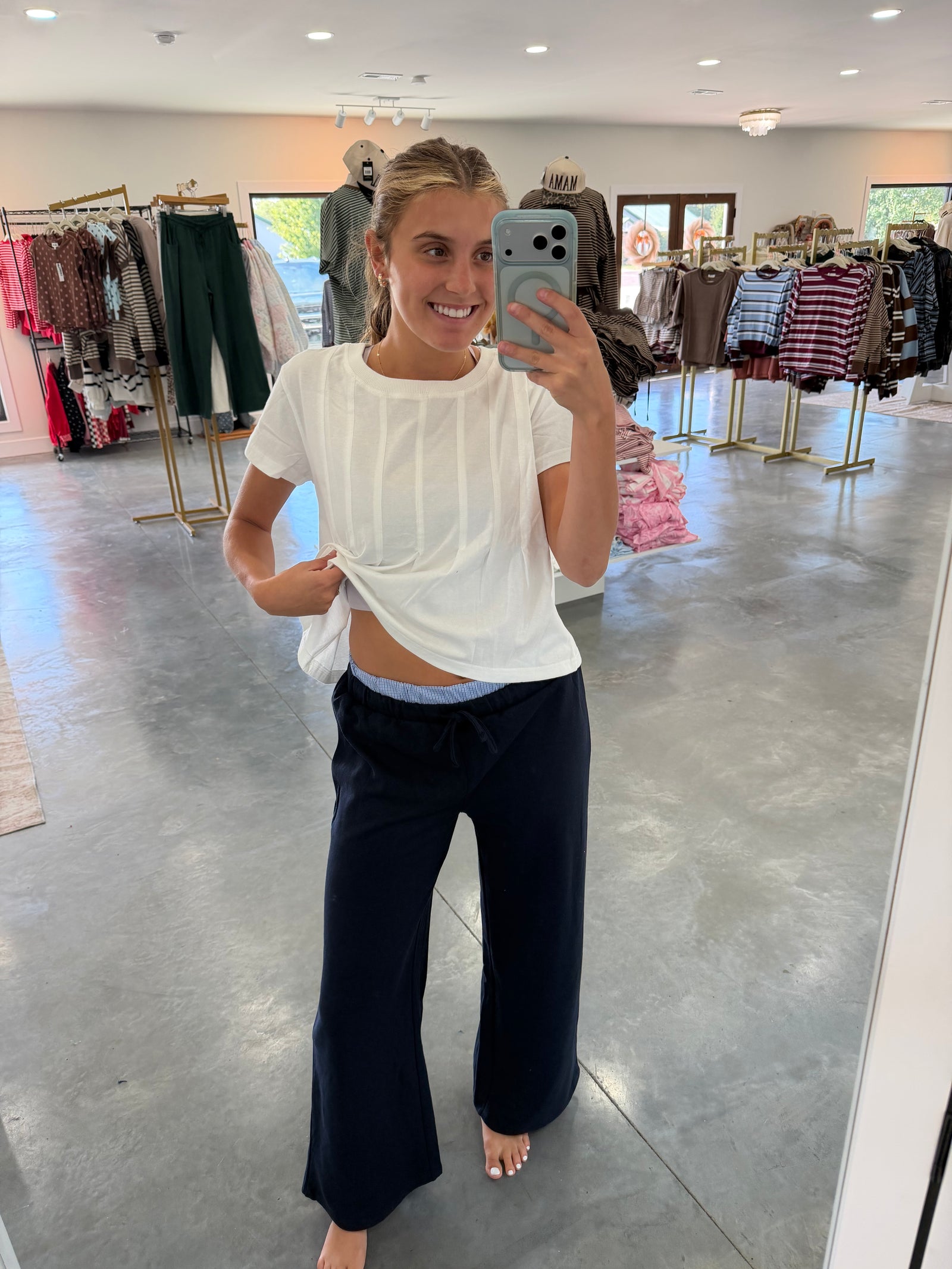 Navy Lounge Pants with Contrasting Check Panel
