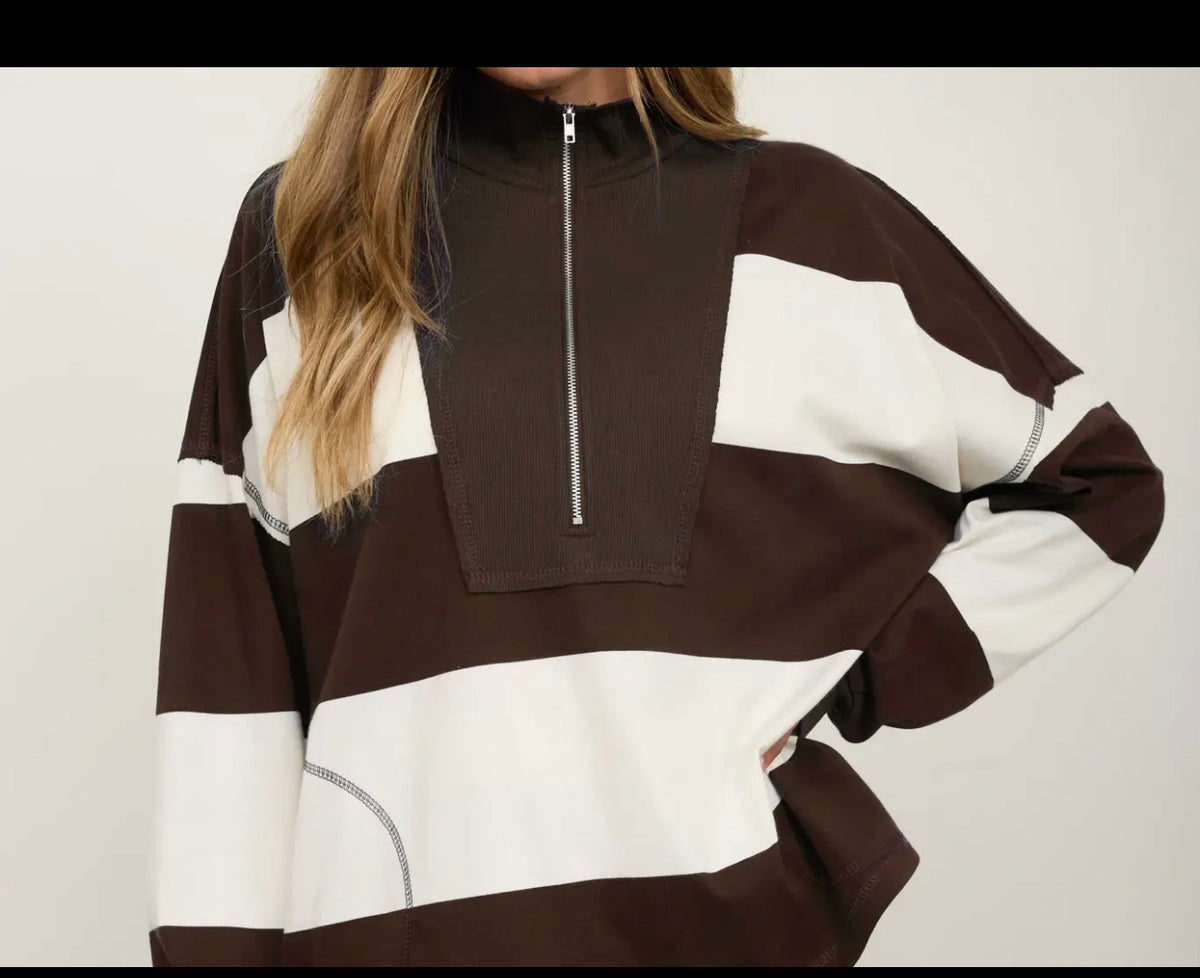 Brown Color Block Half Zip Long Sleeve