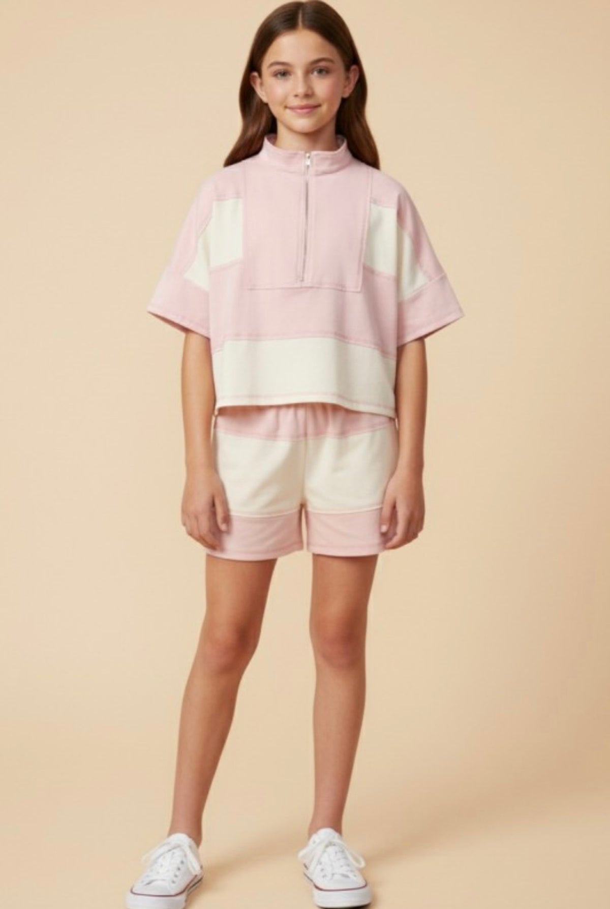 Girls Pink Color Block Stripe Shorts