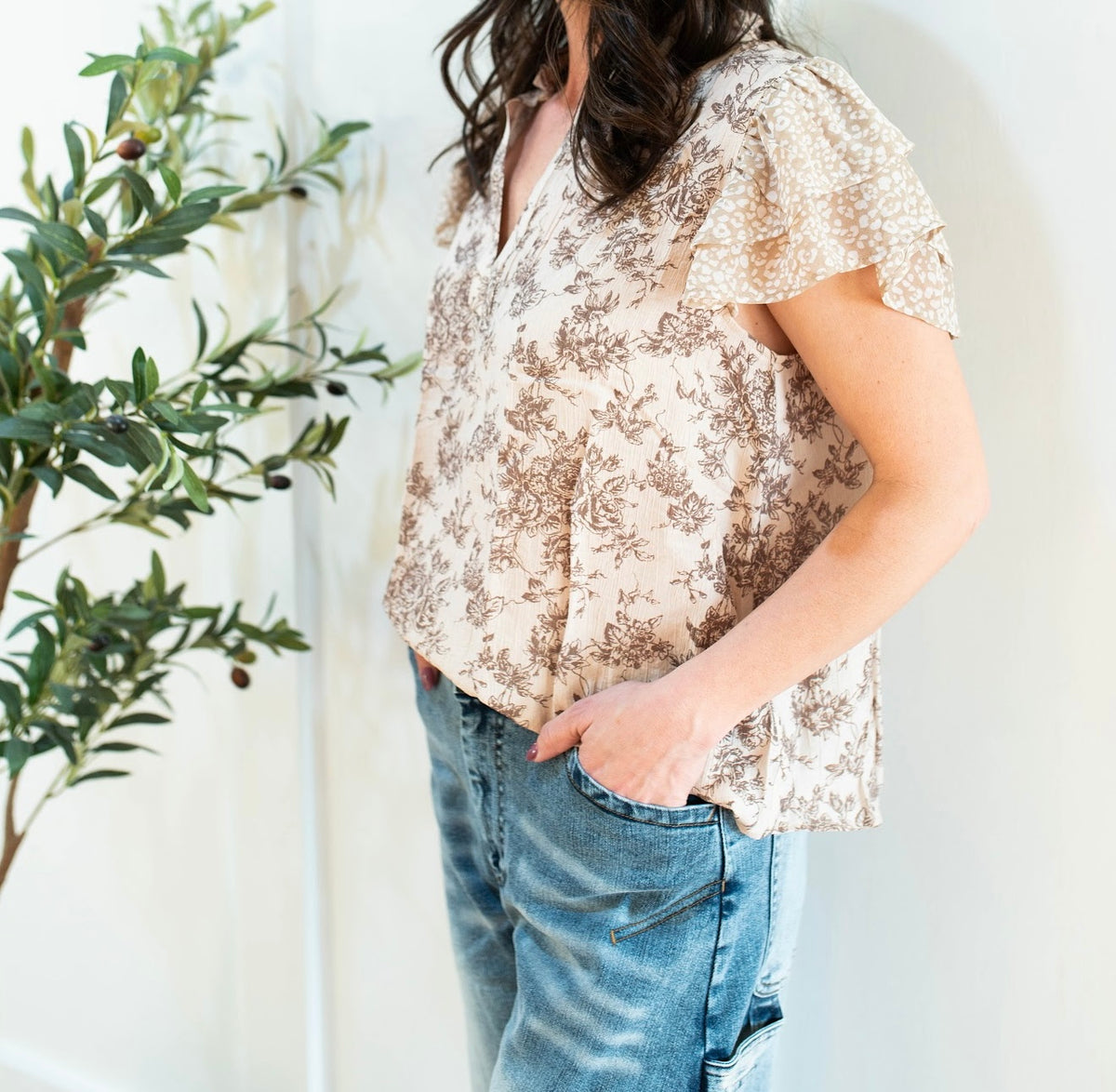 Taupe Mix and Match Ruffle Sleeve Top