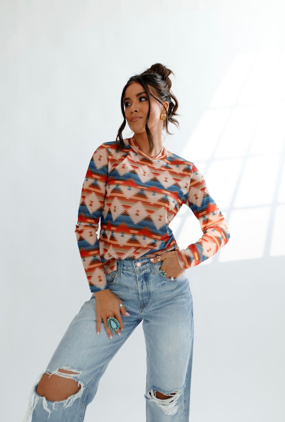 Aztec Sheer Mock Neck Top