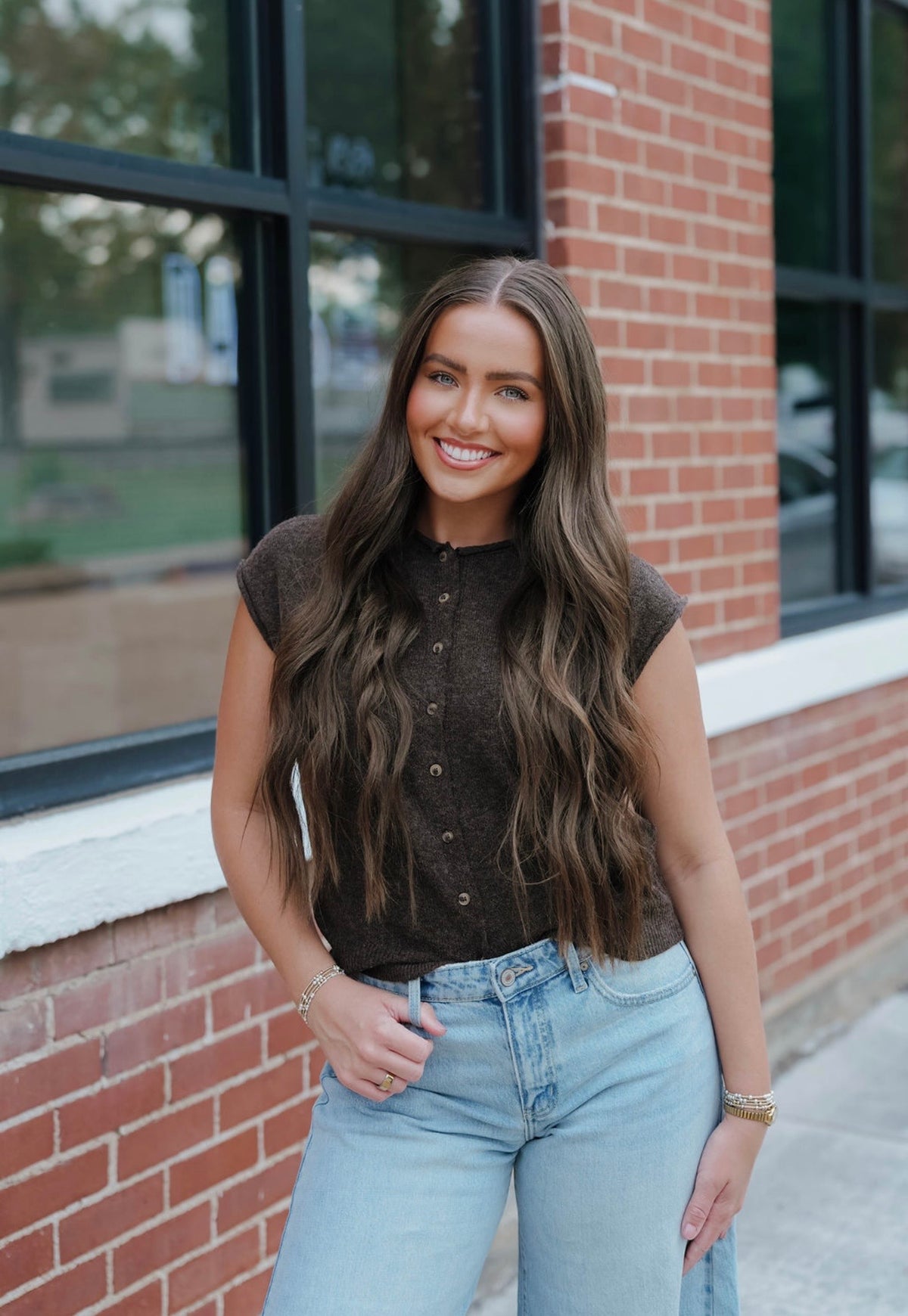 Brown Short Sleeve Button Down Sweater