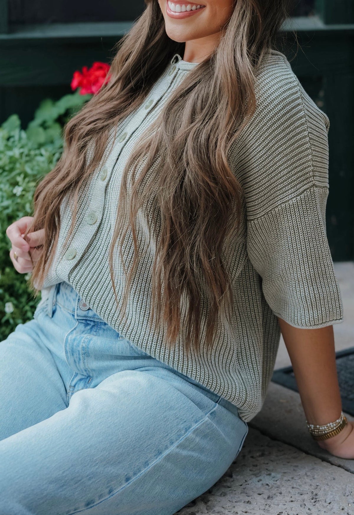 Green Button Down Knitted Top