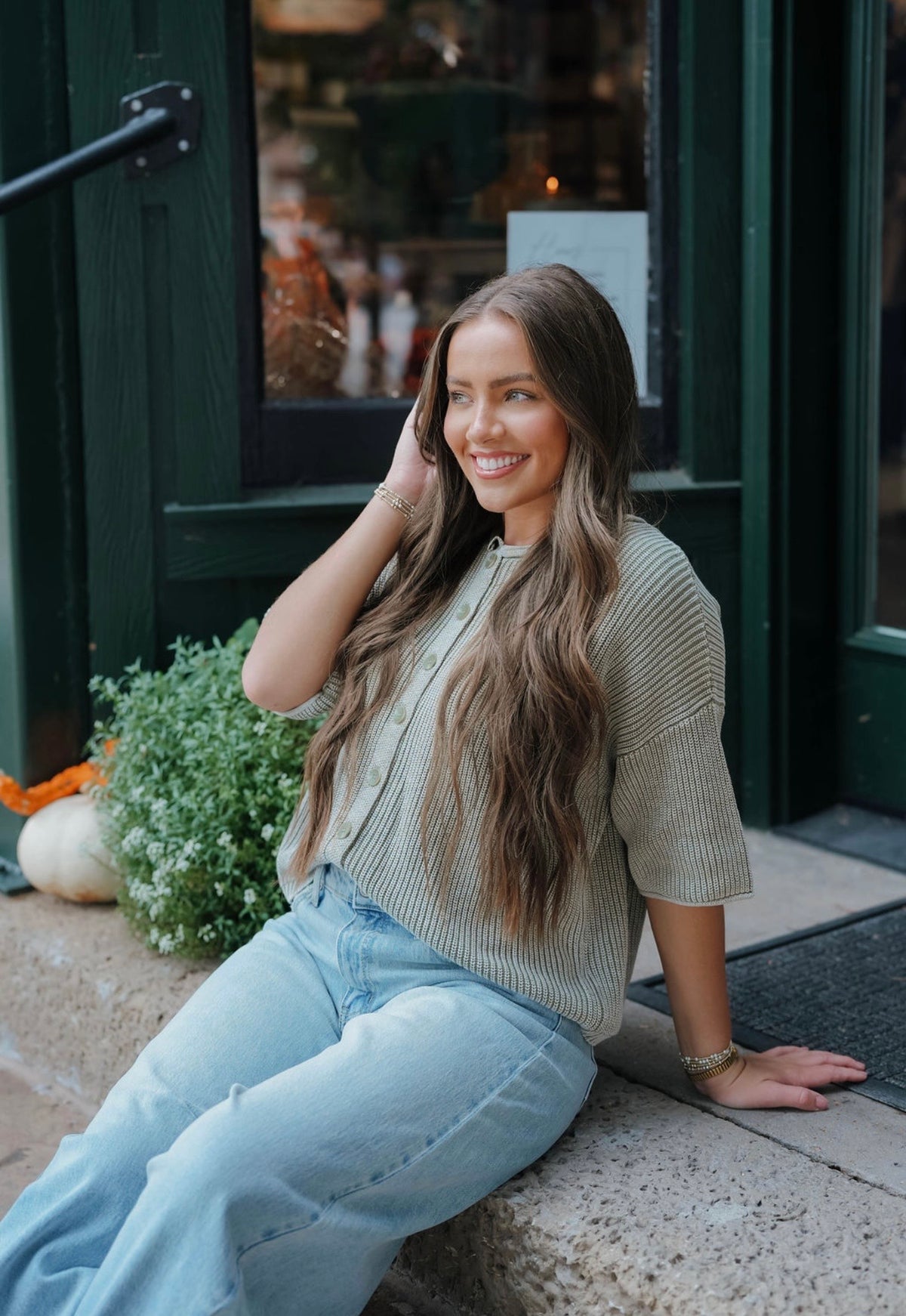 Green Button Down Knitted Top