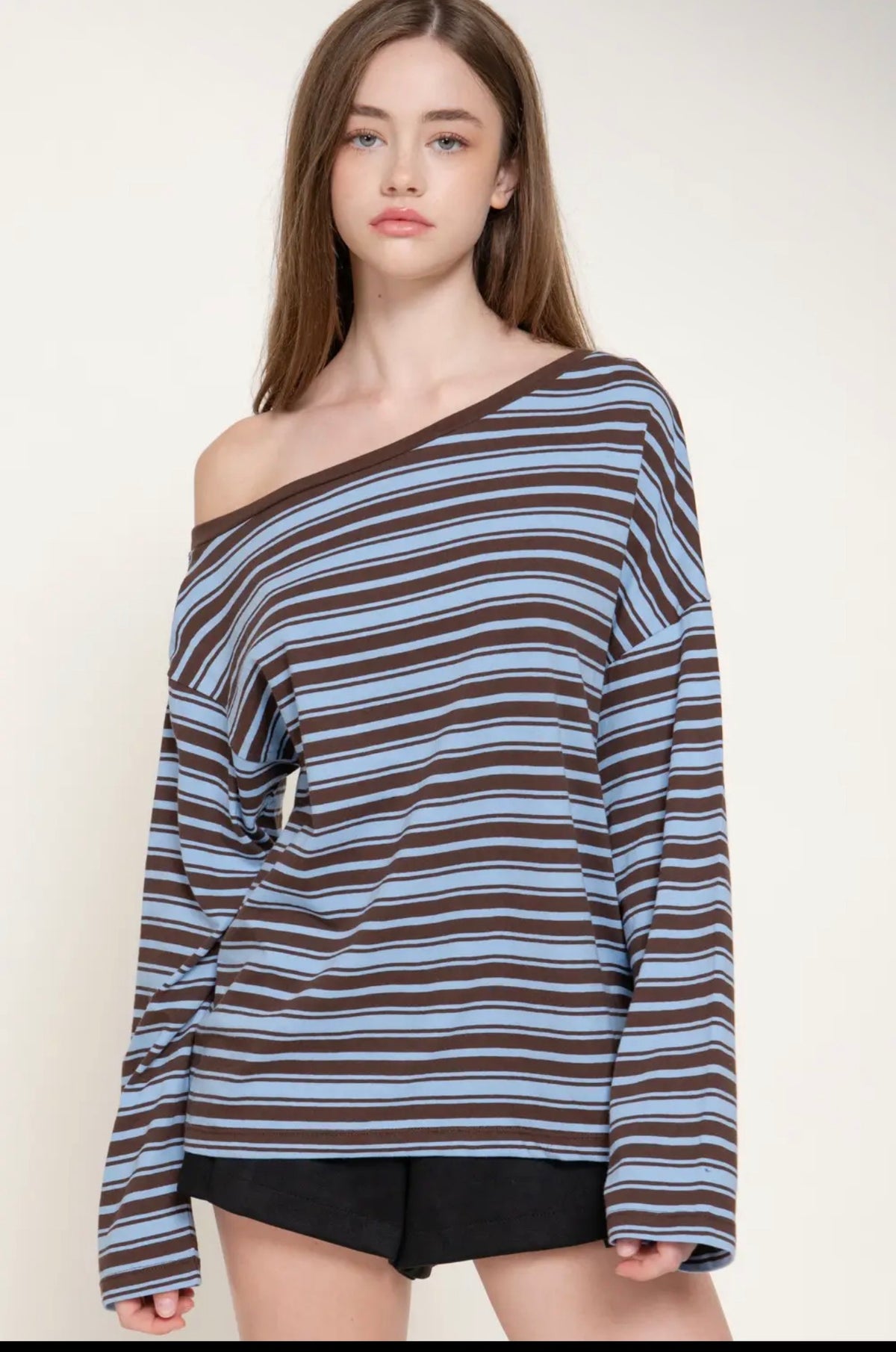 Brown/Blue Off the Shoulder Long Sleeve Top