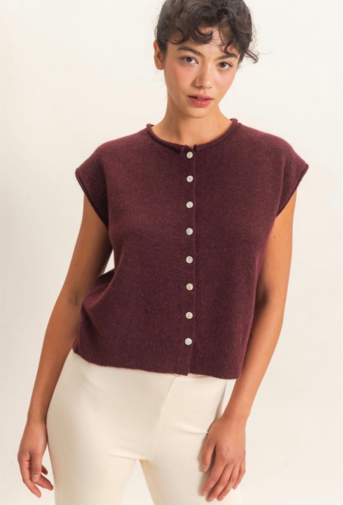 Dark Cherry Rolled Edge Button Front Sweater Vest