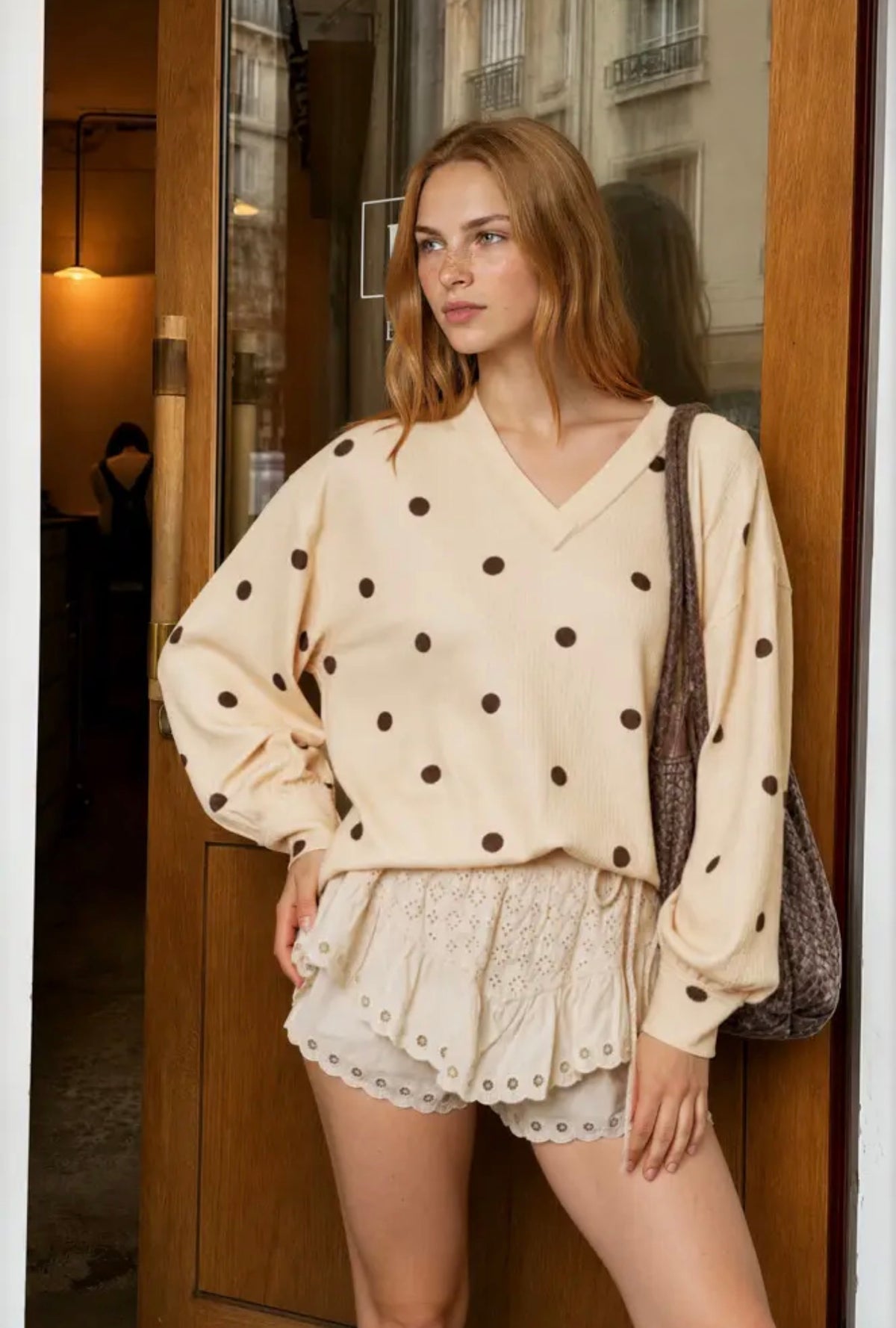 Yellow Polka Dot Long Sleeve Textured Knit Top