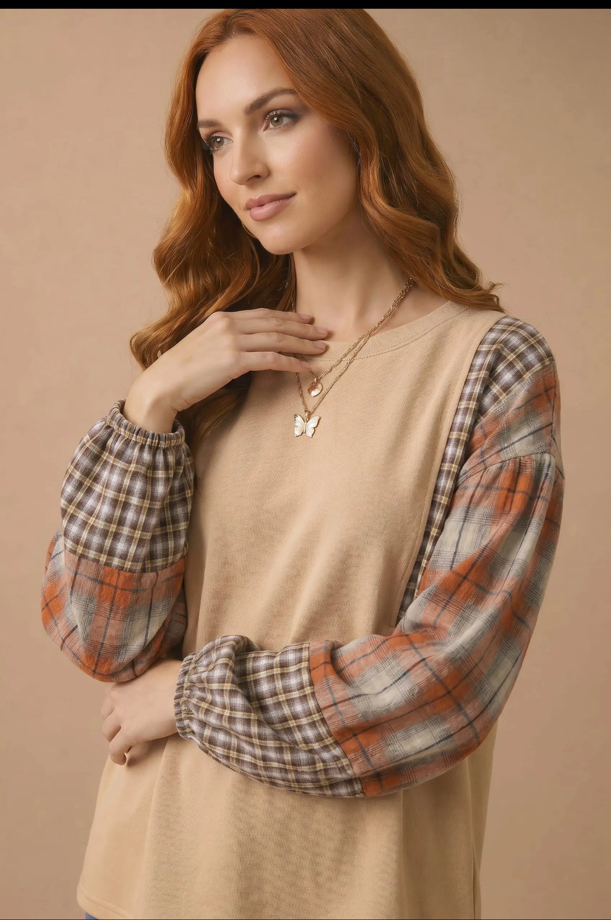 Plaid Woven Color Block Top
