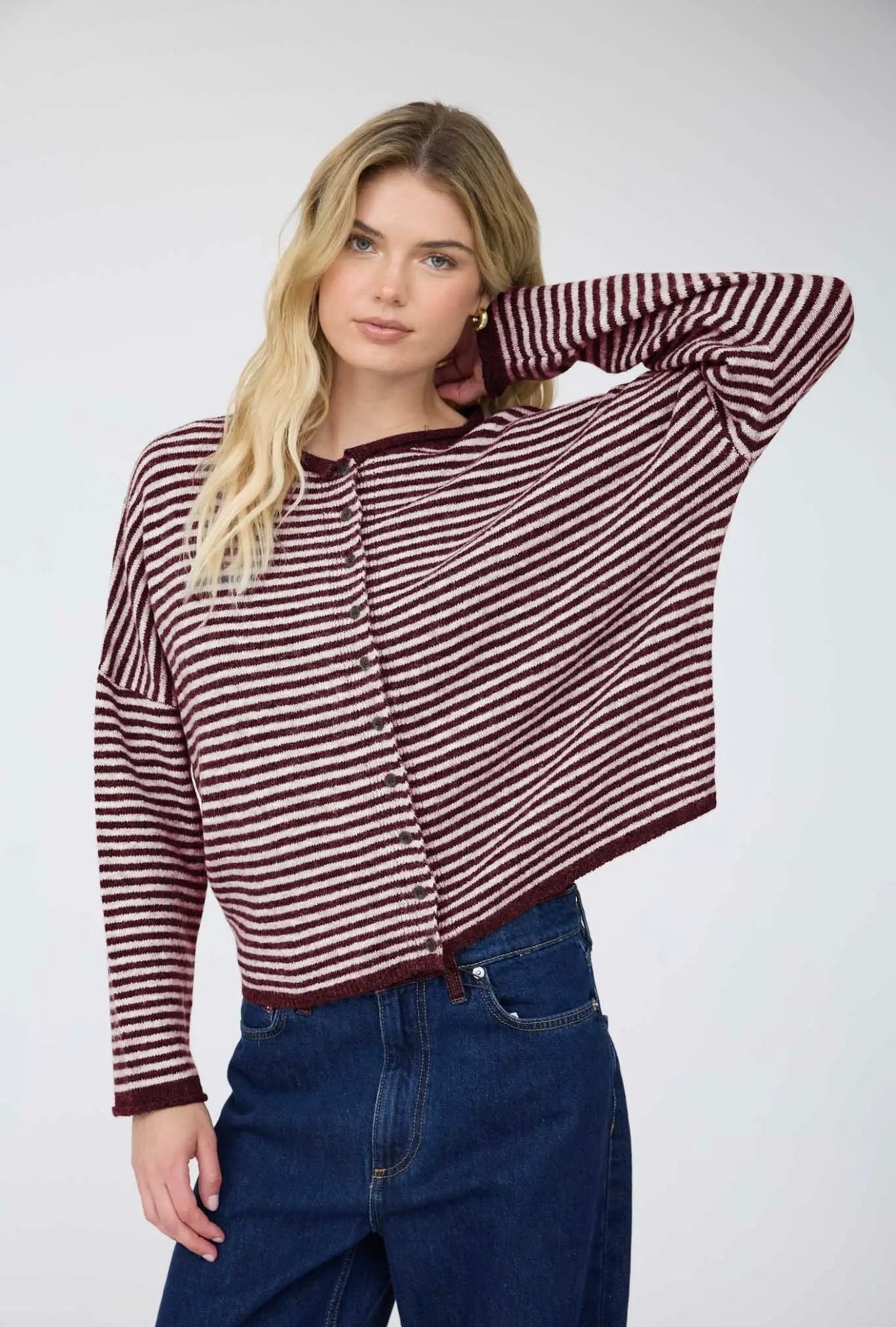 Stripe Raw Edge Drop Shoulder Knit Cardigan Maroon