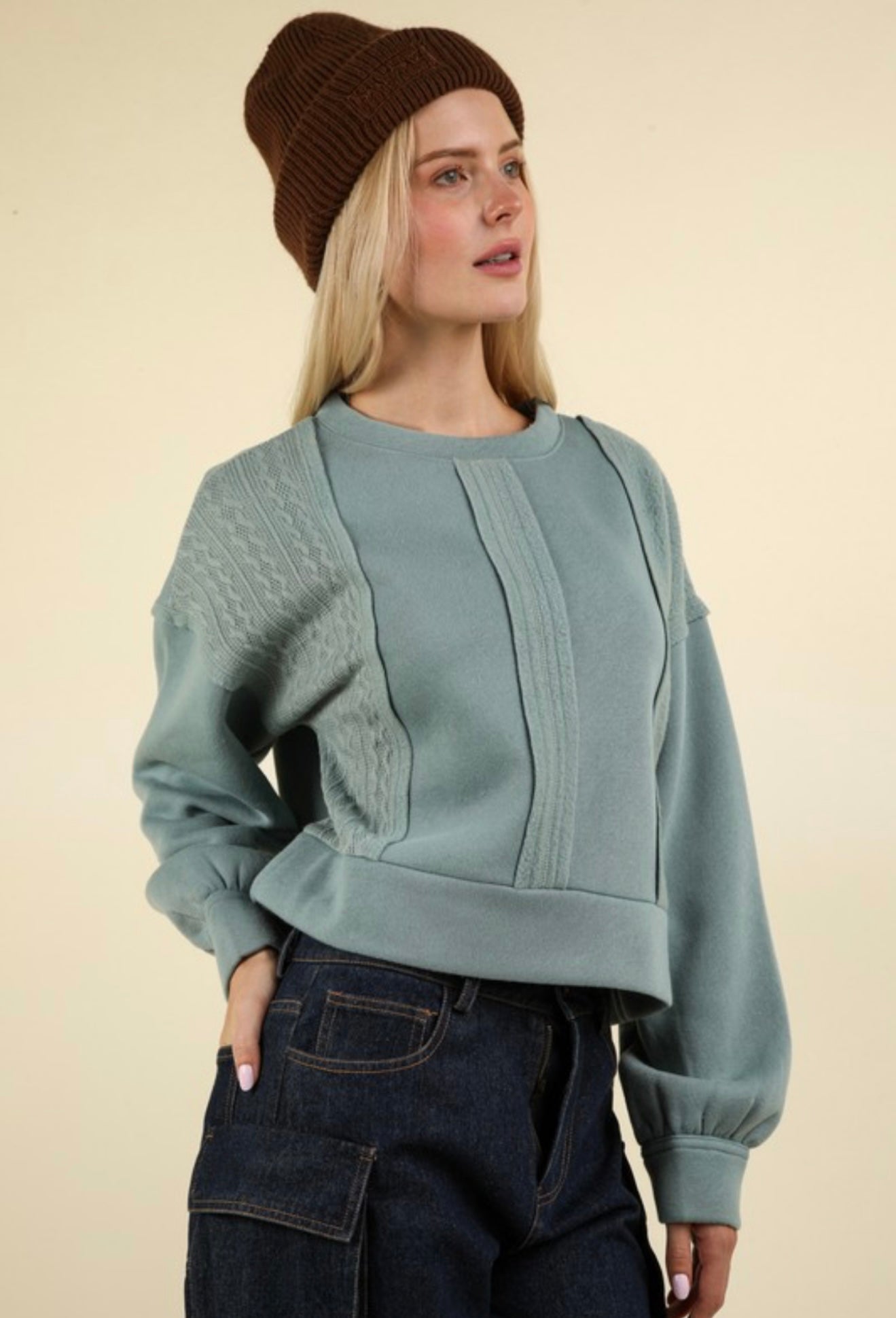 Sage Contrast Detail Oversized Top