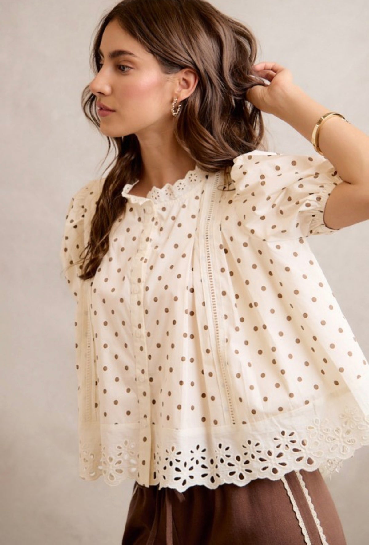 Polka Dot Lace Trim Blouse Top