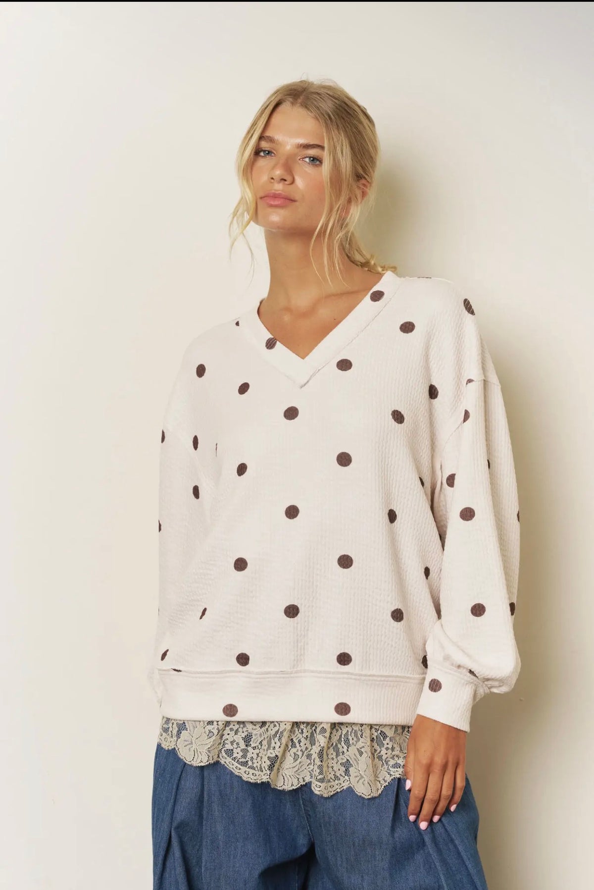 Cream Polka Dot Long Sleeve Textured Knit Top