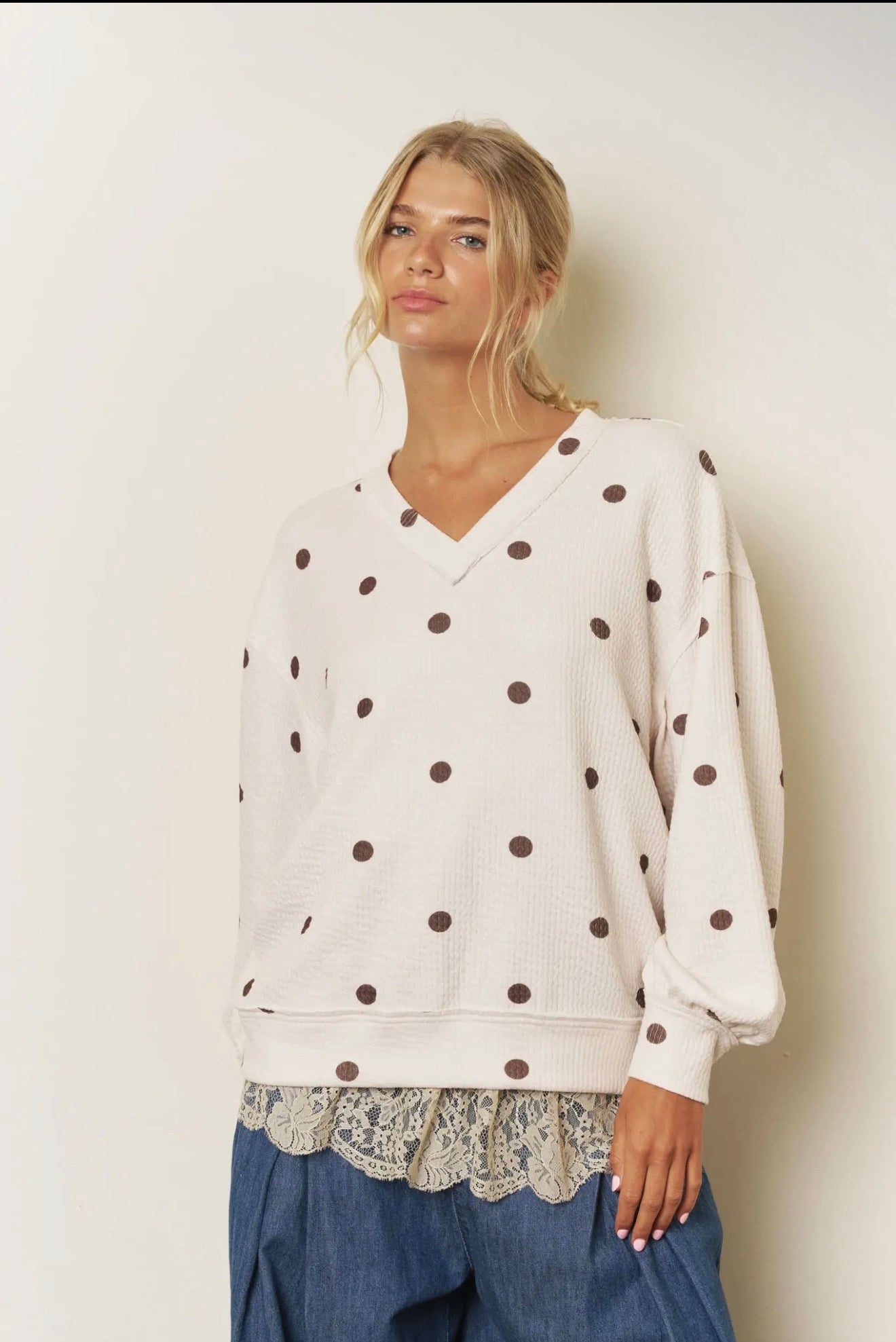 Cream Polka Dot Long Sleeve Textured Knit Top