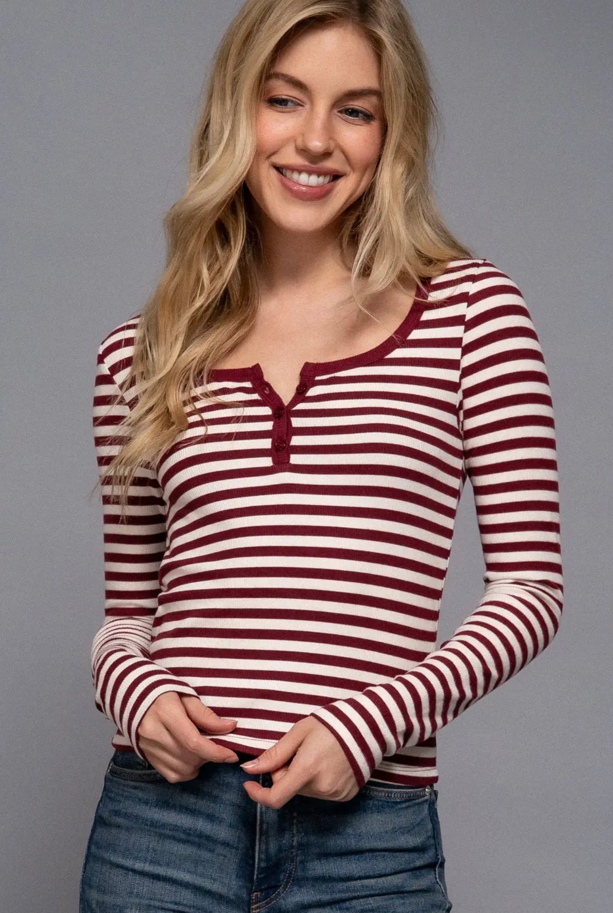 Long Sleeve Henley Neck Striped Ribbed Top