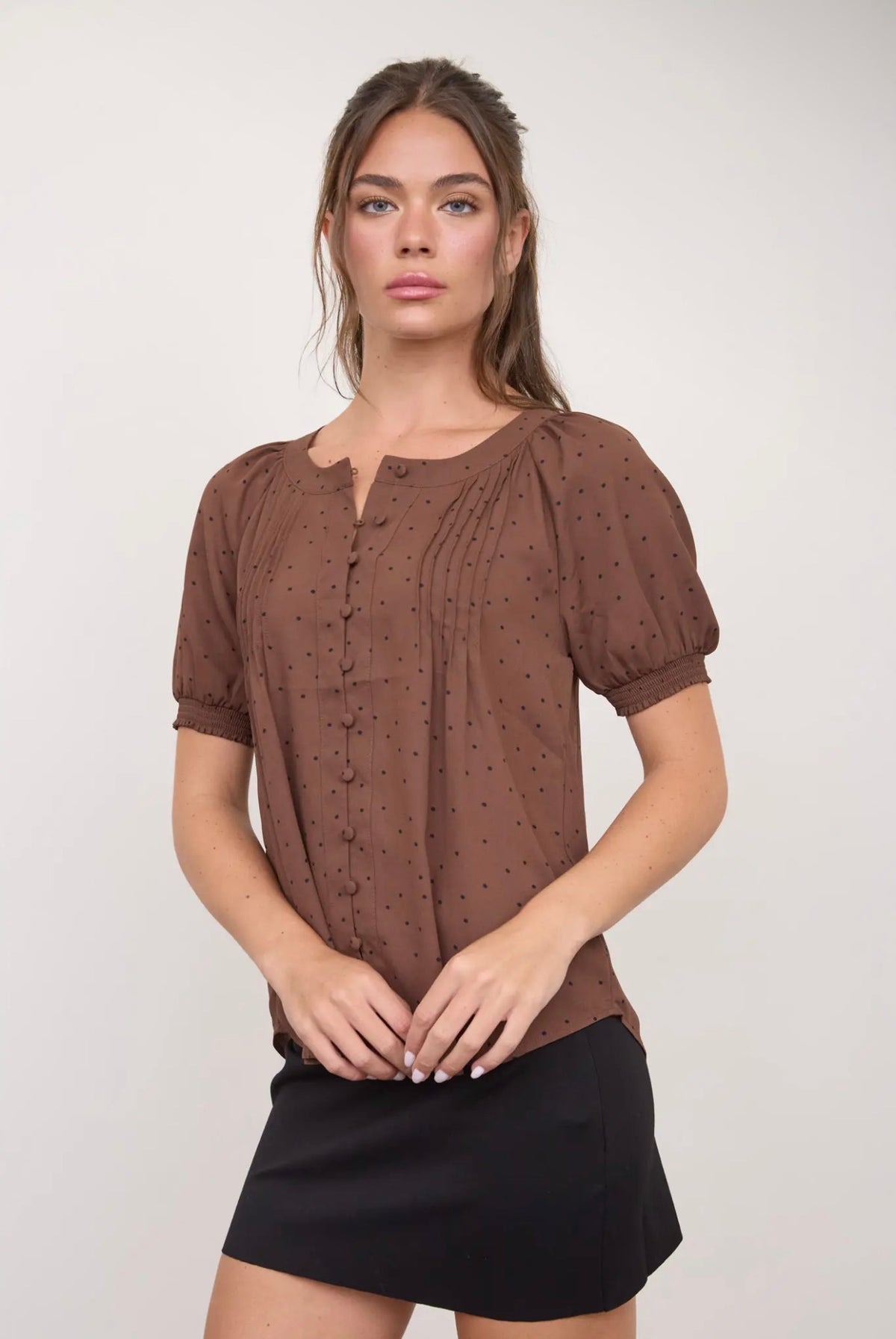 Pintuck Polka Dot Button Down Blouse