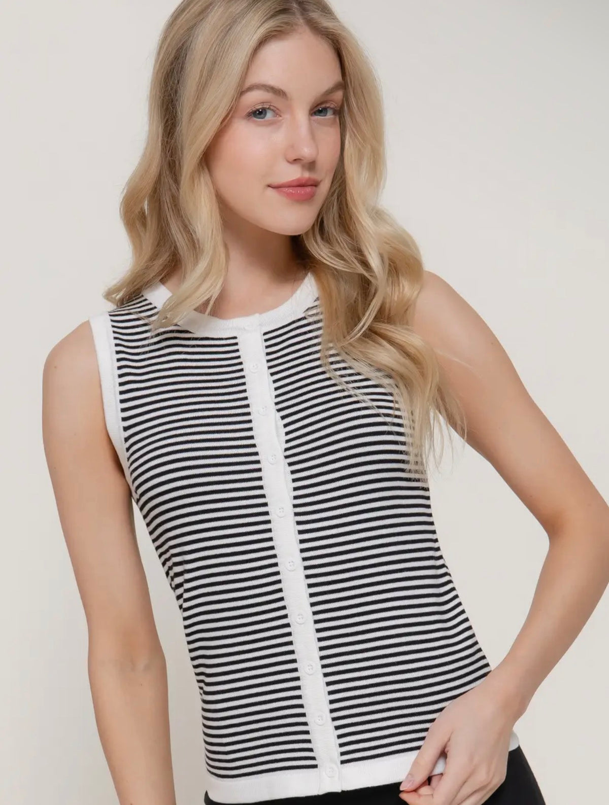 Sleeveless Crew Neck Button Down Striped Sweater Top white