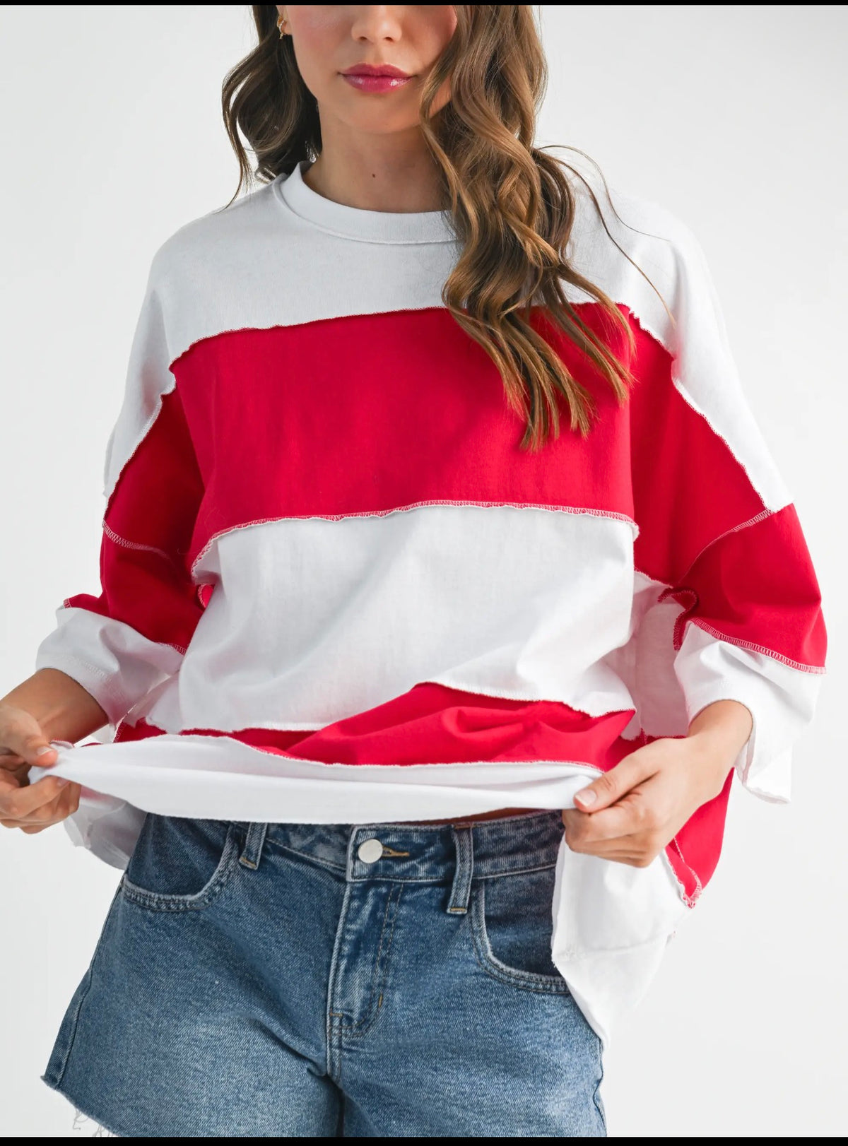 Red Polly Color Block Top