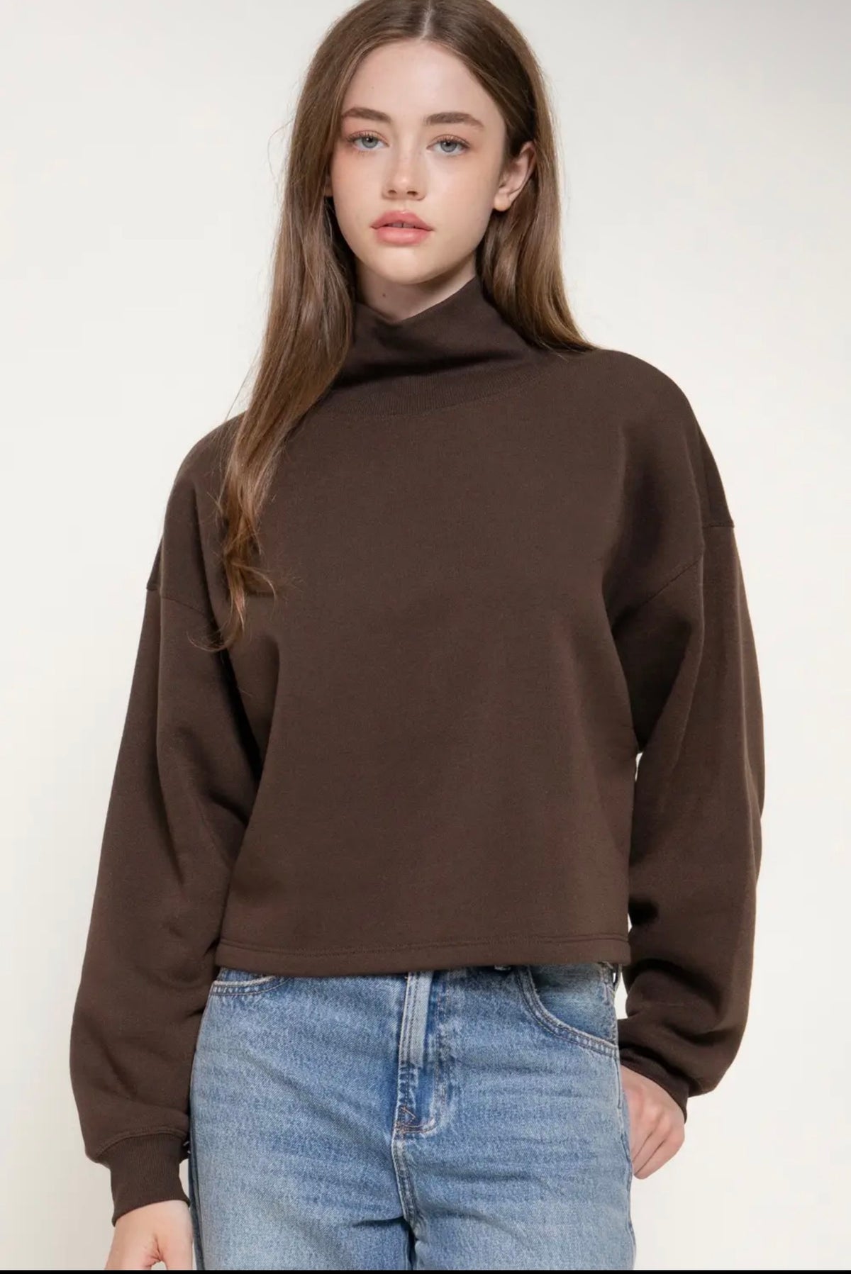 Brown Cropped Mock Neck