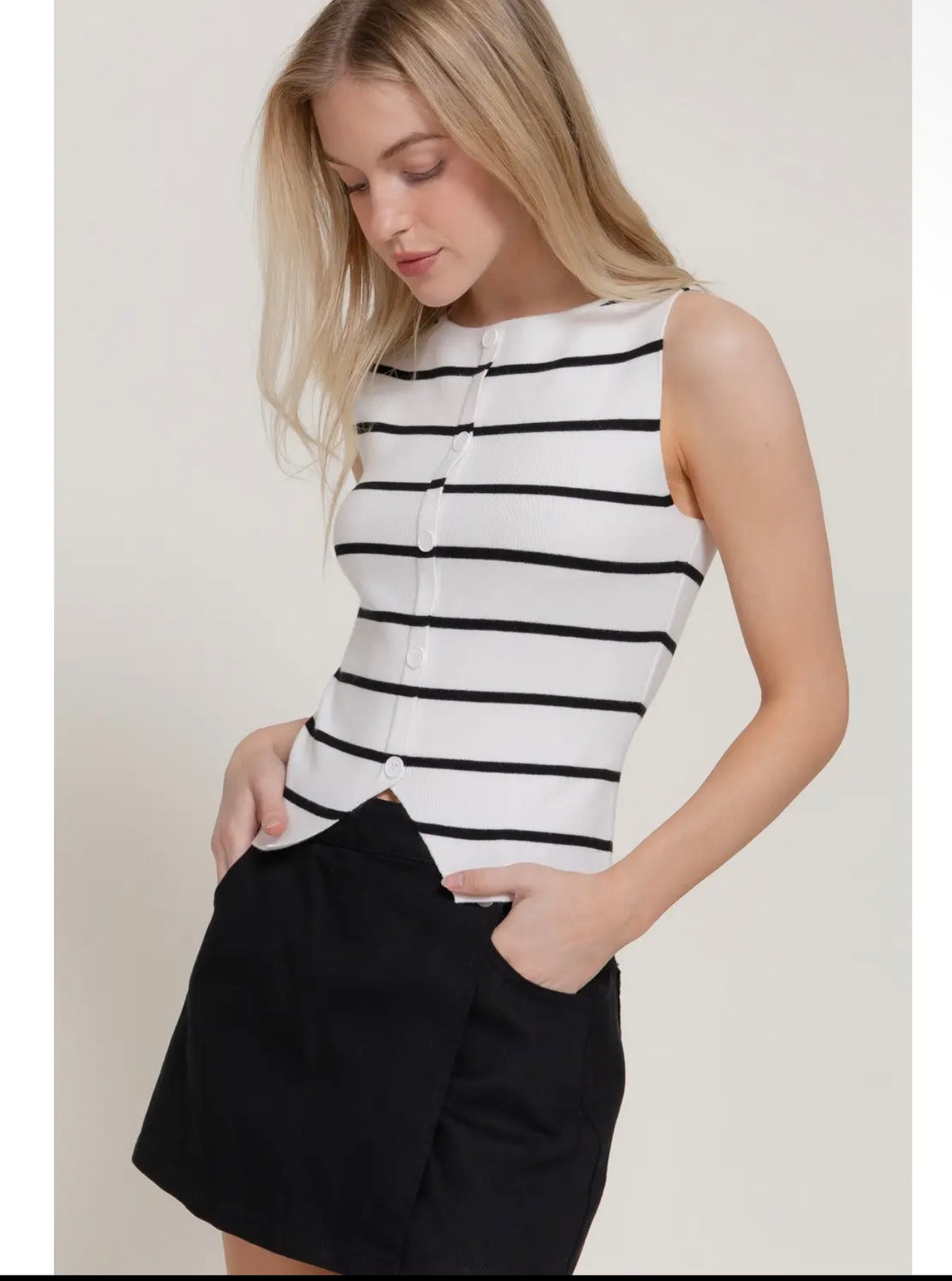 Striped White Button Up Tank