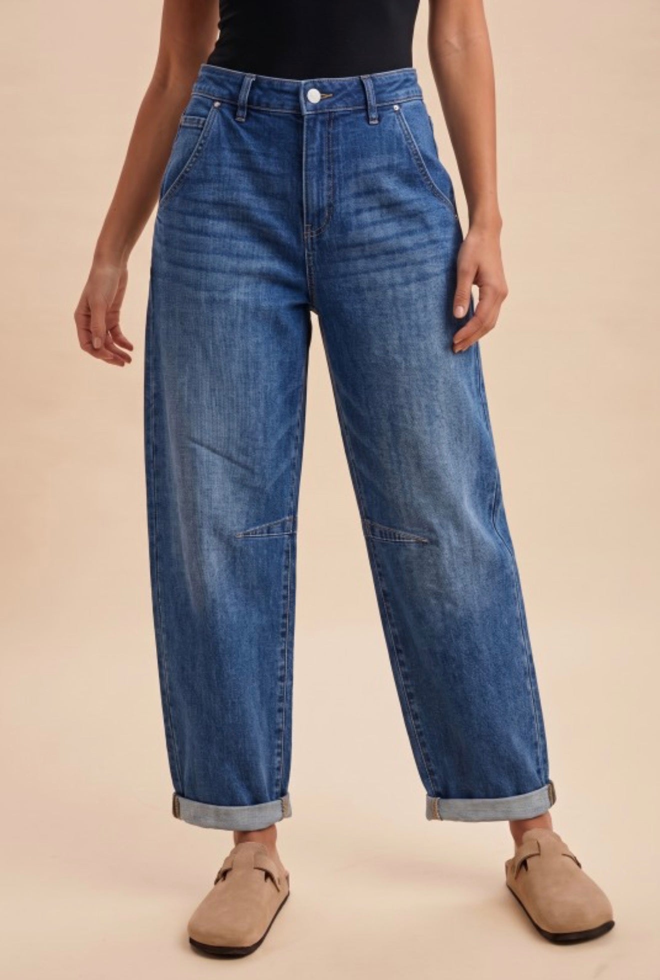 Stretch Denim Loose Fit Roll Up Barrel Leg Jean