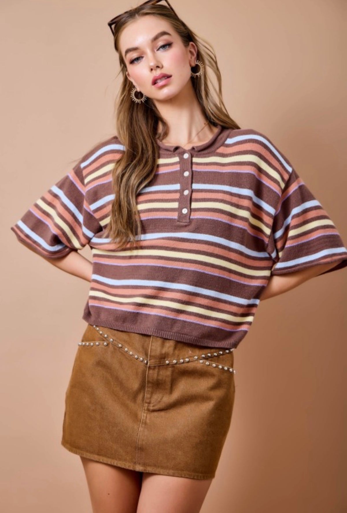 Brown Multi Striped Short Sleeve Sweater Knit Top
