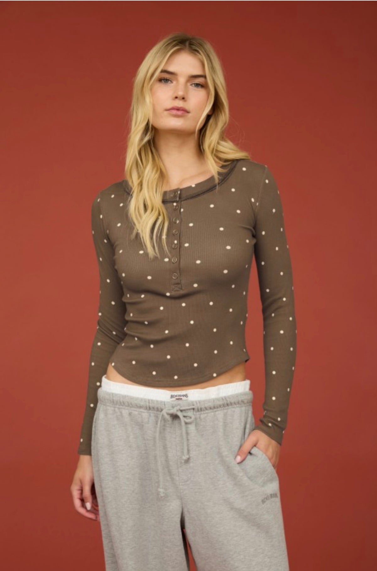 Brown Polka Dot Henley Knit Top