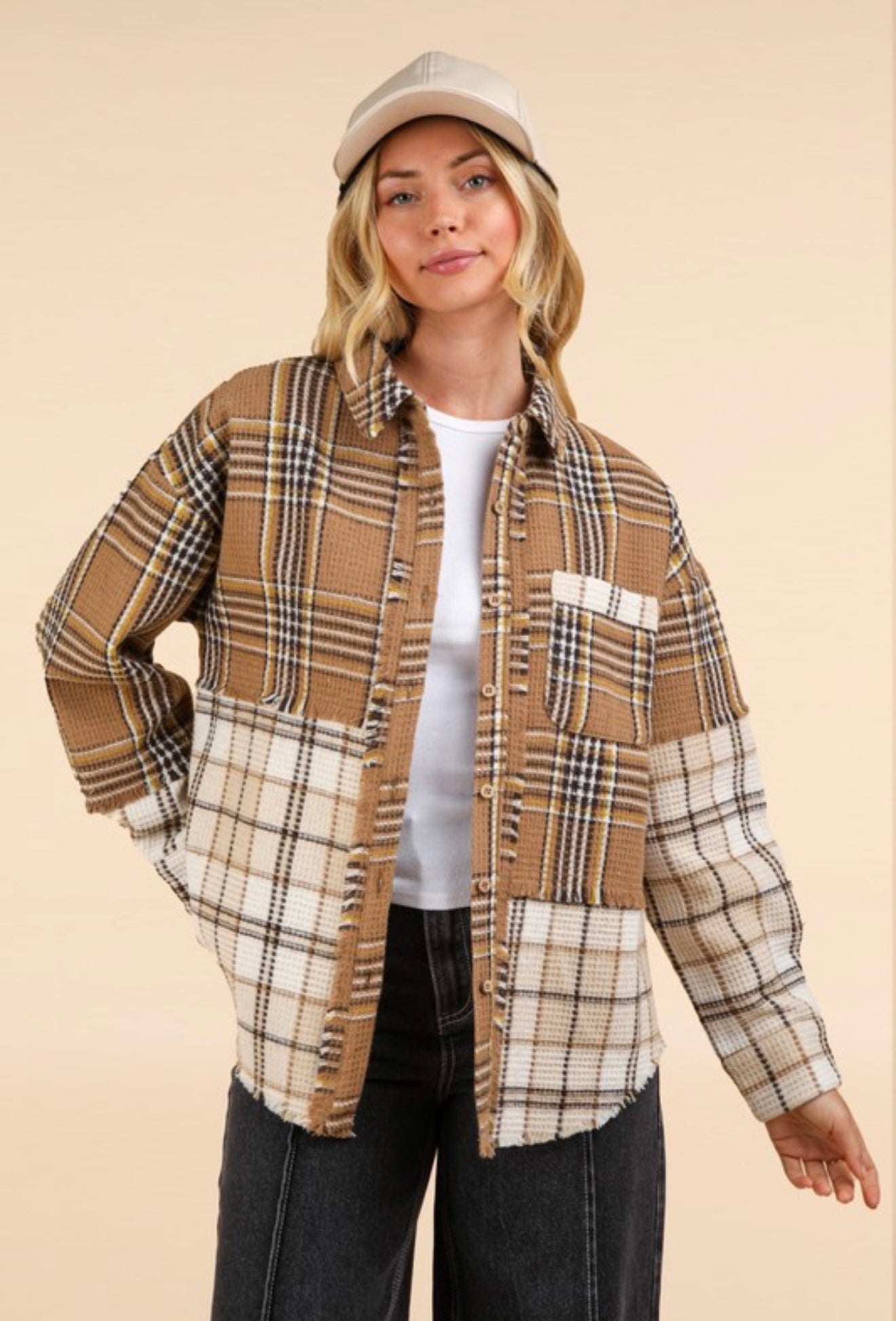 Mocha Mixed Plaid Button Up Top