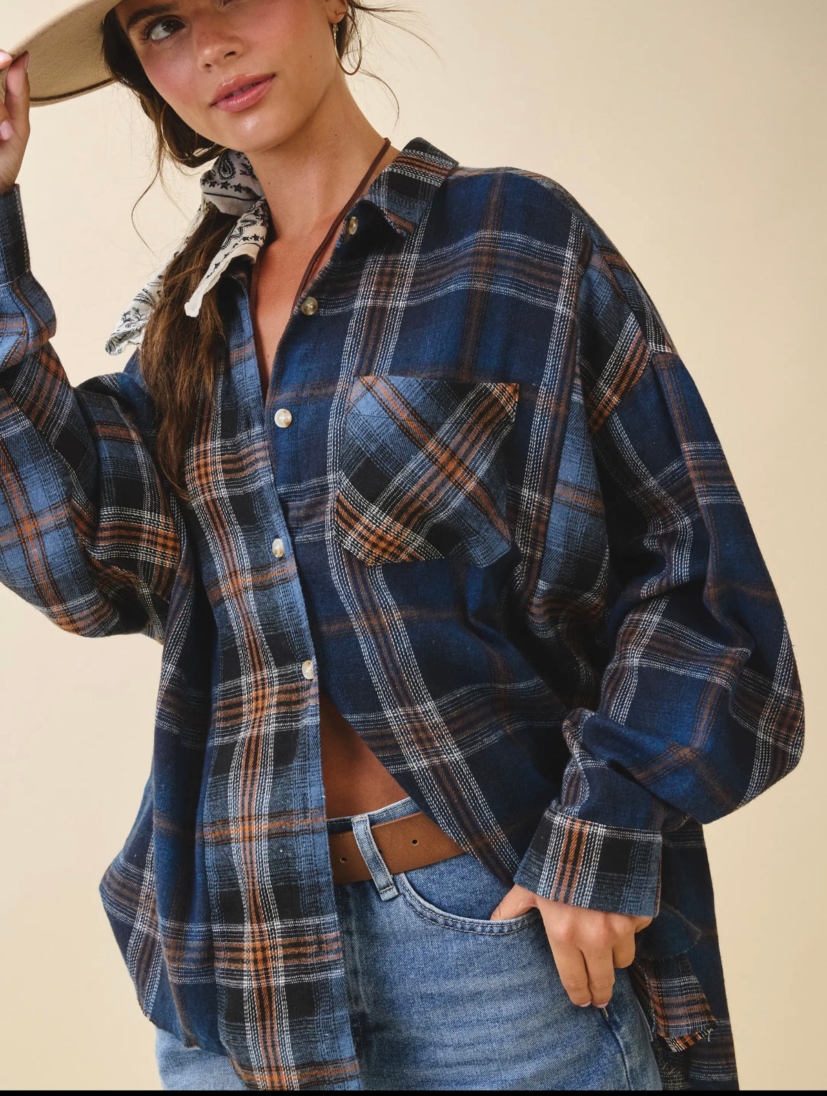 Navy Oversized Plaid Flannel Shirt