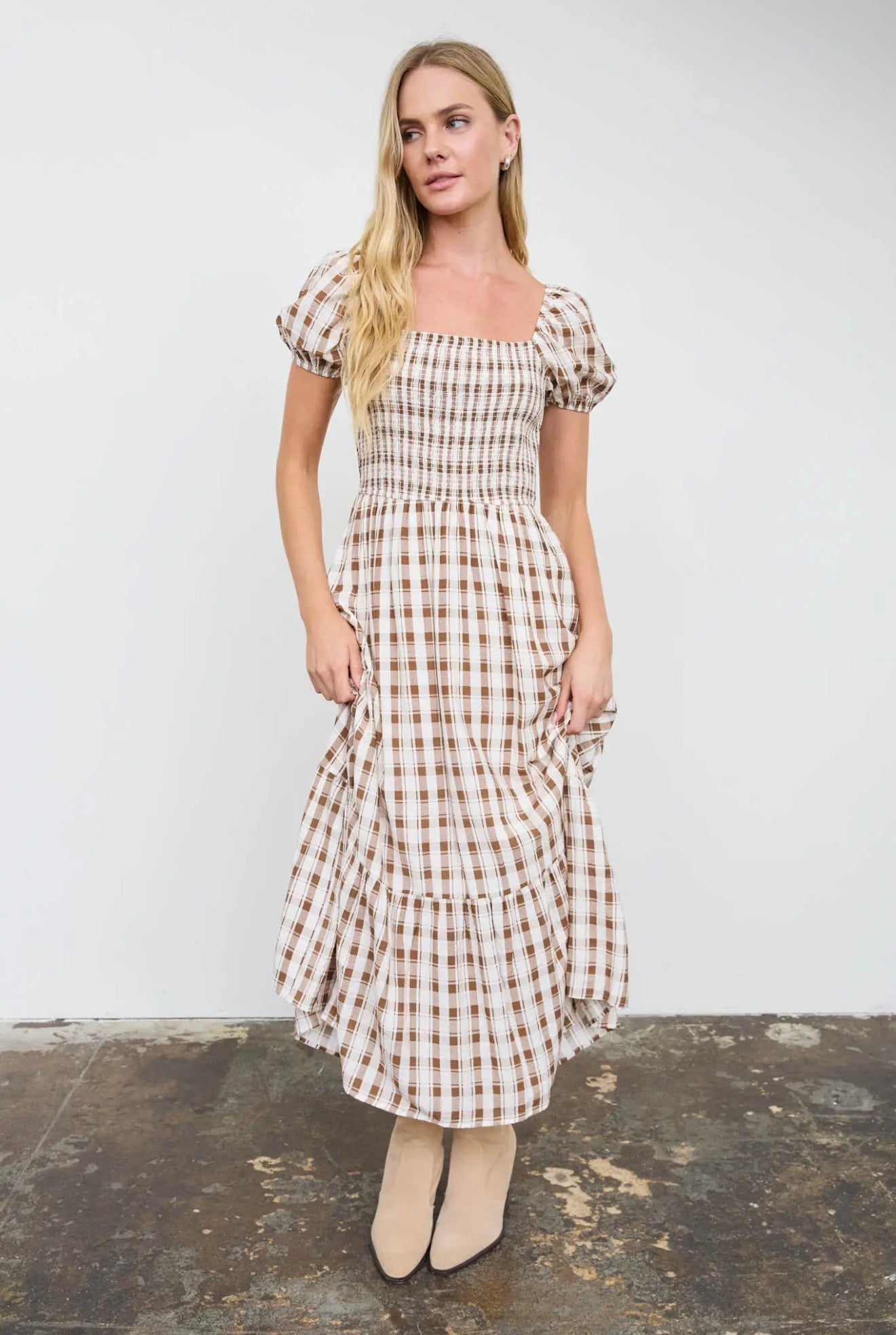 Plaid Smocked Puff Sleeve Midi Dress