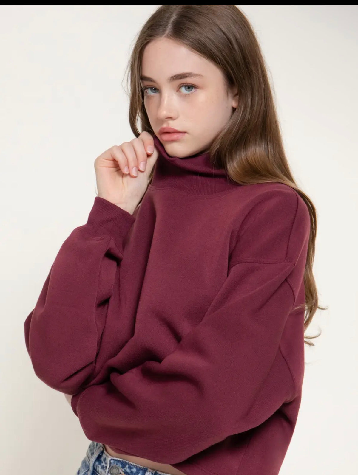 Burgundy Cropped Mock Neck