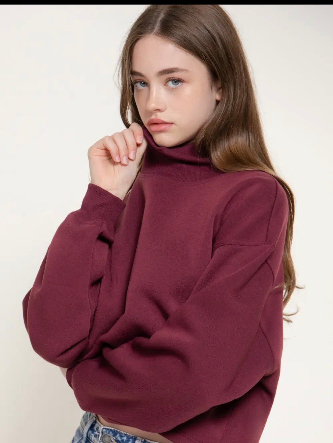 Burgundy Cropped Mock Neck