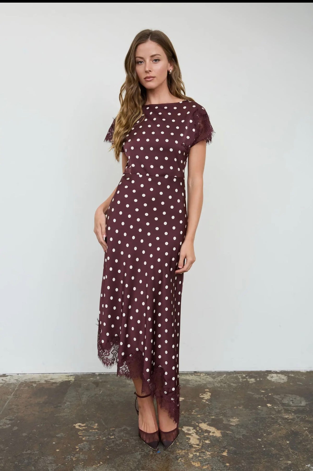 Maroon Polka Dot Lace Trim Short Sleeve MIDI Dress