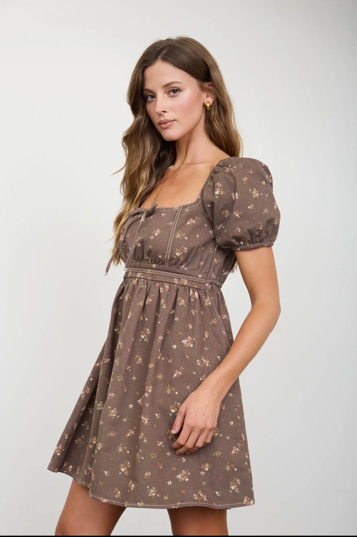 Brown Floral Puff Sleeve Square Neck Dress