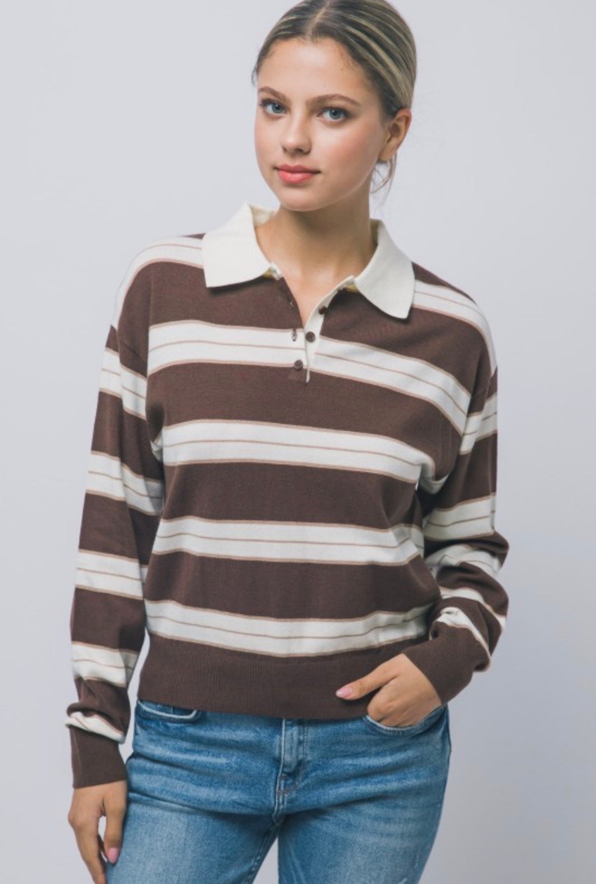 Long Sleeve Knitted Polo Sweatshirt