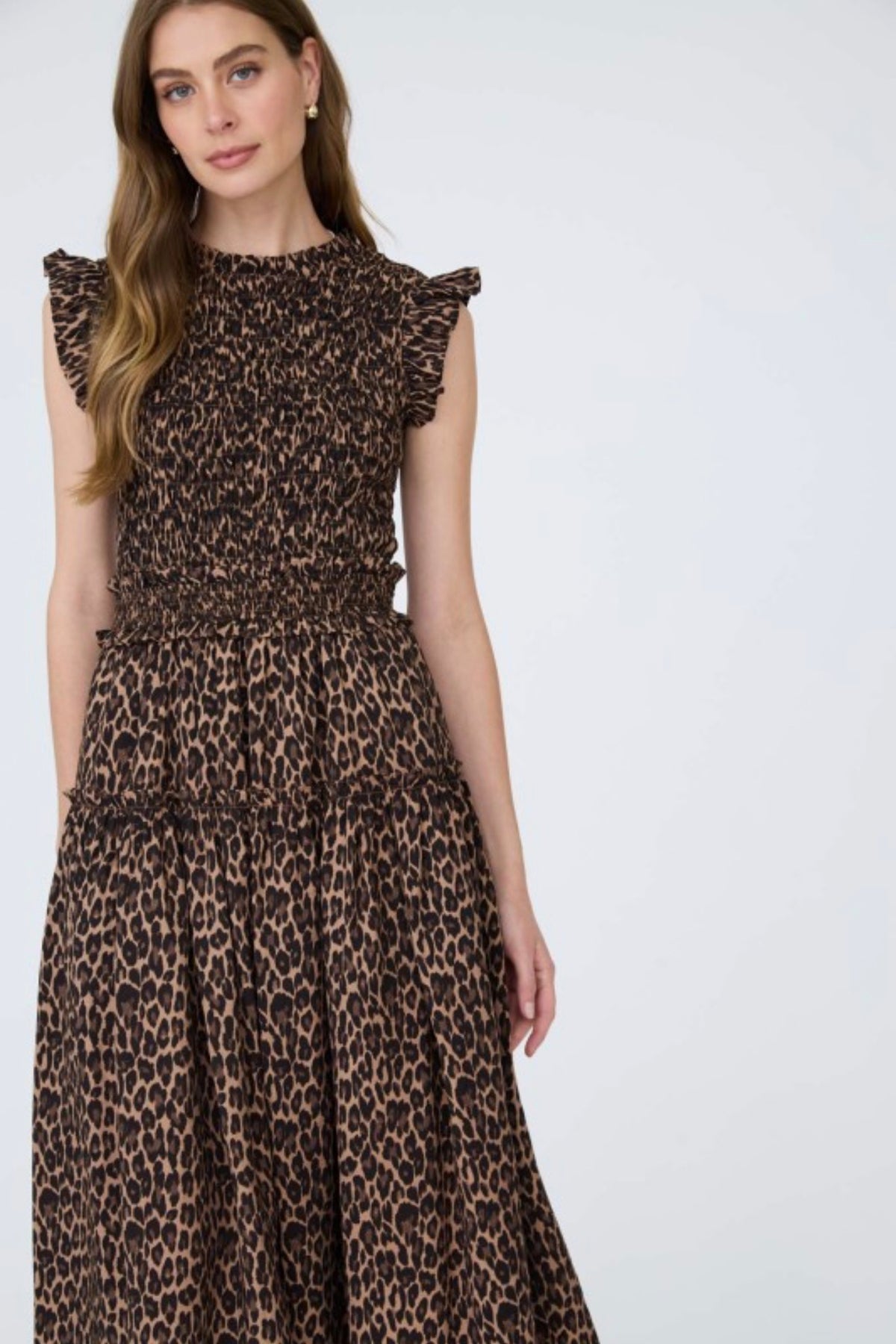 Leopard Sleeveless Smocked Tiered Midi Dress