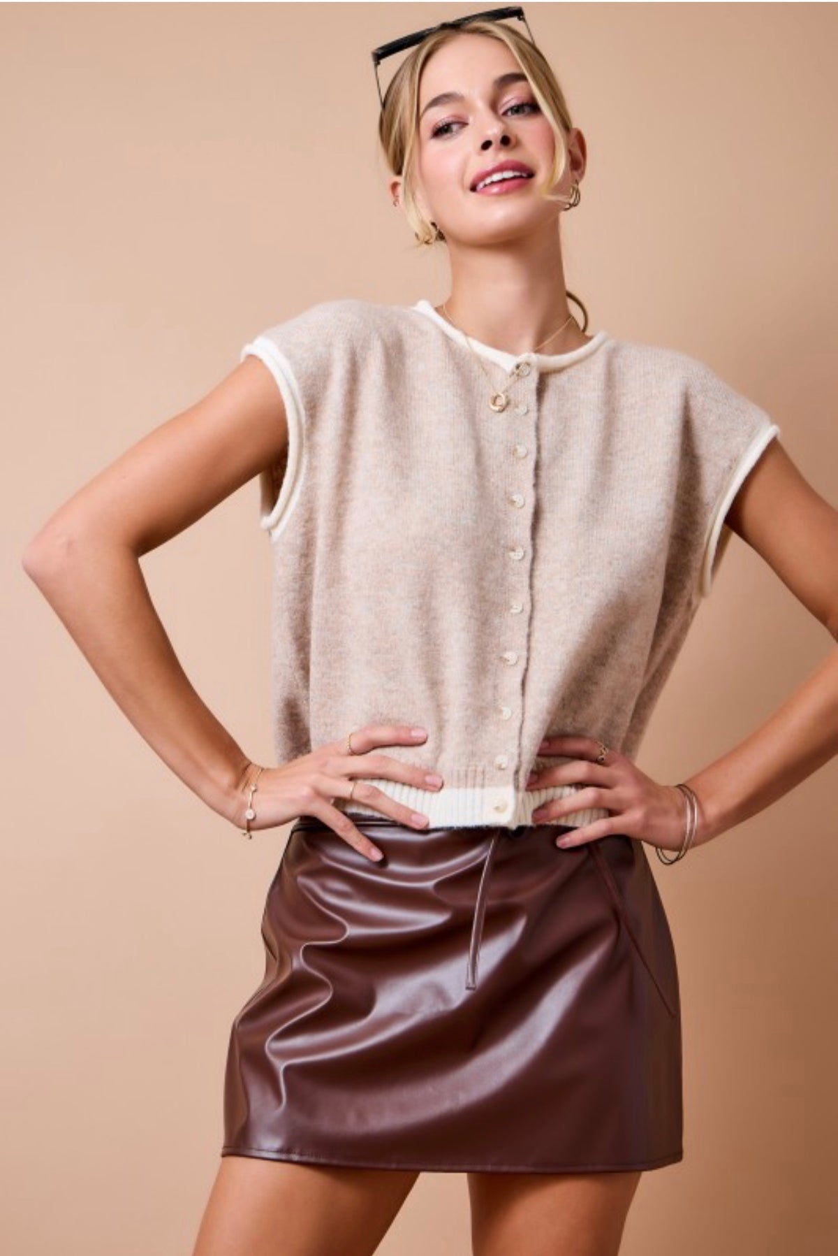 Tan Button Down Contrast Edge Top