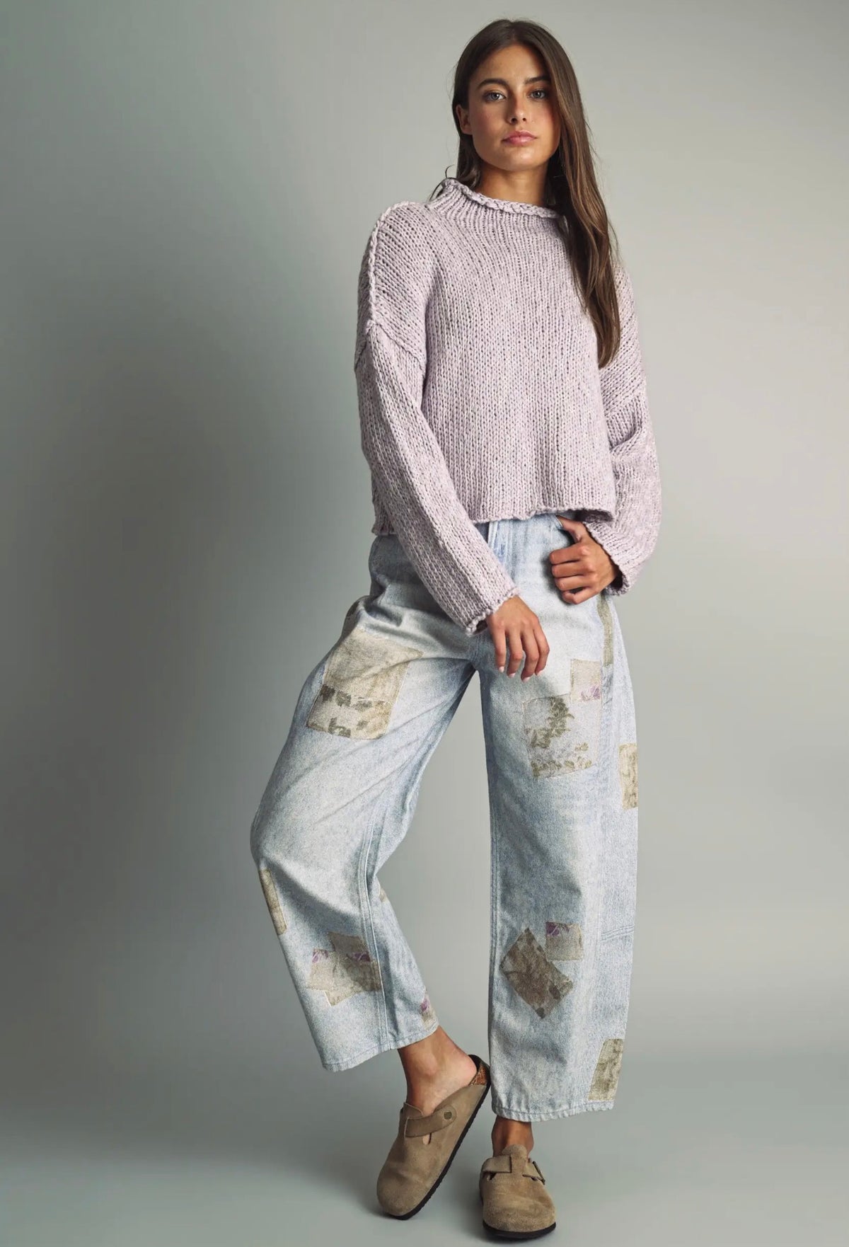 Patch Work Effect Denim Barrel Jeans