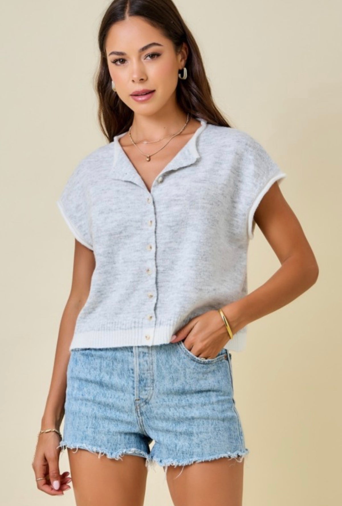 Grey Button Down Contrast Edge Top