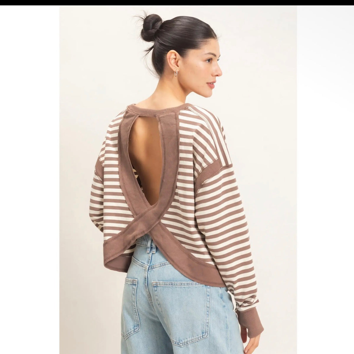 Striped Long Sleeve Brown Cross Back Tee