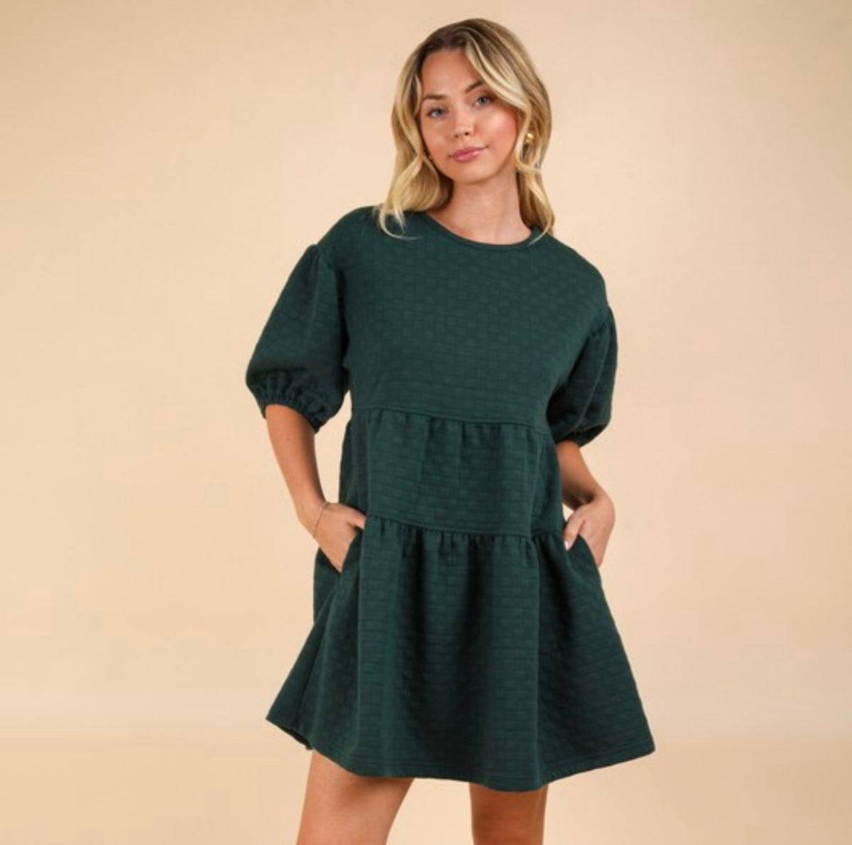 Green Quilted Puff Sleeve Dress