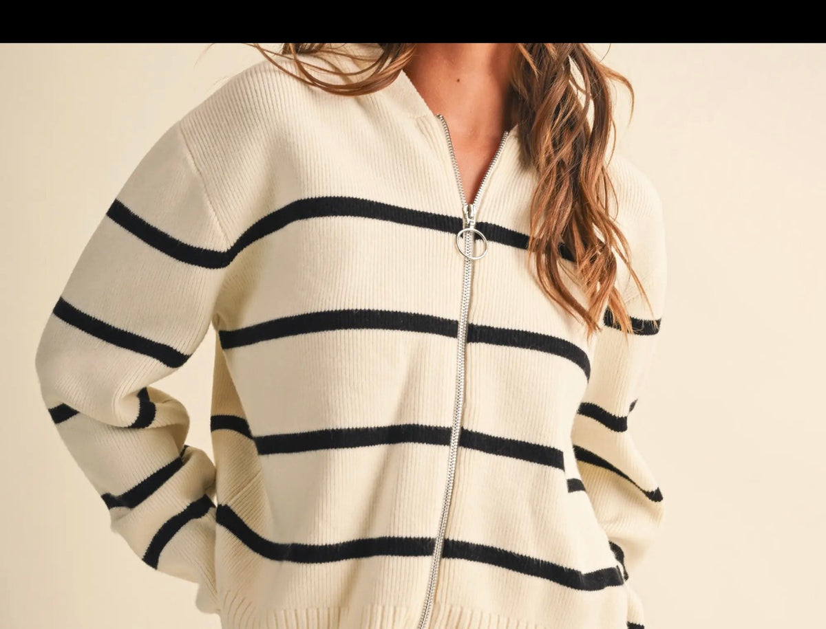 Cream Striped Cardigan Sweater